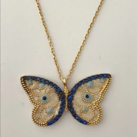 925 Silver butterfly necklace white blue evileye 18k yellow gold plated - Picture 1 of 3